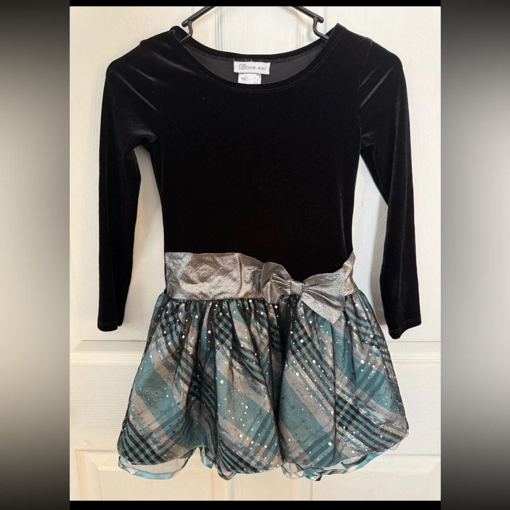 BONNIE JEAN Girls Long Sleeve Velvet Black/Dark Teal Christmas Dress 7